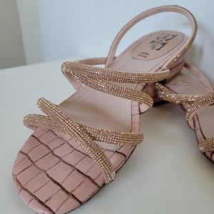 Sparkly Crystal-Embellished Multi-Strap Leather Sandal in Blush Pink